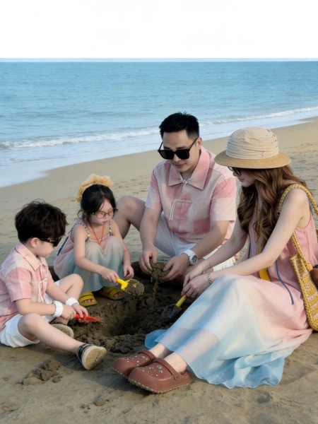 沙滩亲子装一家三四口新中式盘扣扎染母女渐变吊带裙海边度假套装 — 4