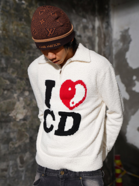 TGFCLUB 美式街头嘻哈I LOVE CD提花文化半开衫拉链套头宽松毛衣