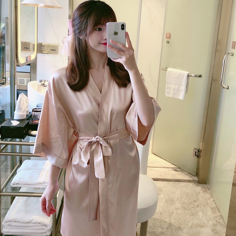 2023 NEW PAJAMAS WOMENS SUMMER ICE SILK THIN BOYFRIEND STYLE PREMIUM NIGHTDRESS SEXY KIMONO BATHROBE APRICOT COLOR