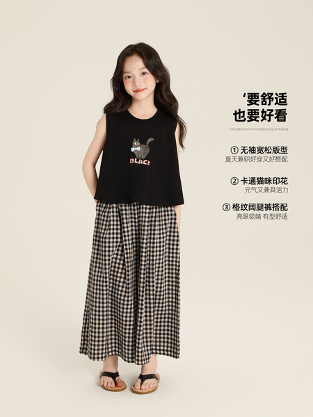 Amybaby女童套装夏季2026新款洋气宽松卡通无袖背心格子阔腿裤 — 4