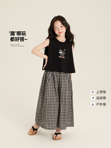 Amybaby女童套装夏季2026新款洋气宽松卡通无袖背心格子阔腿裤 — 3