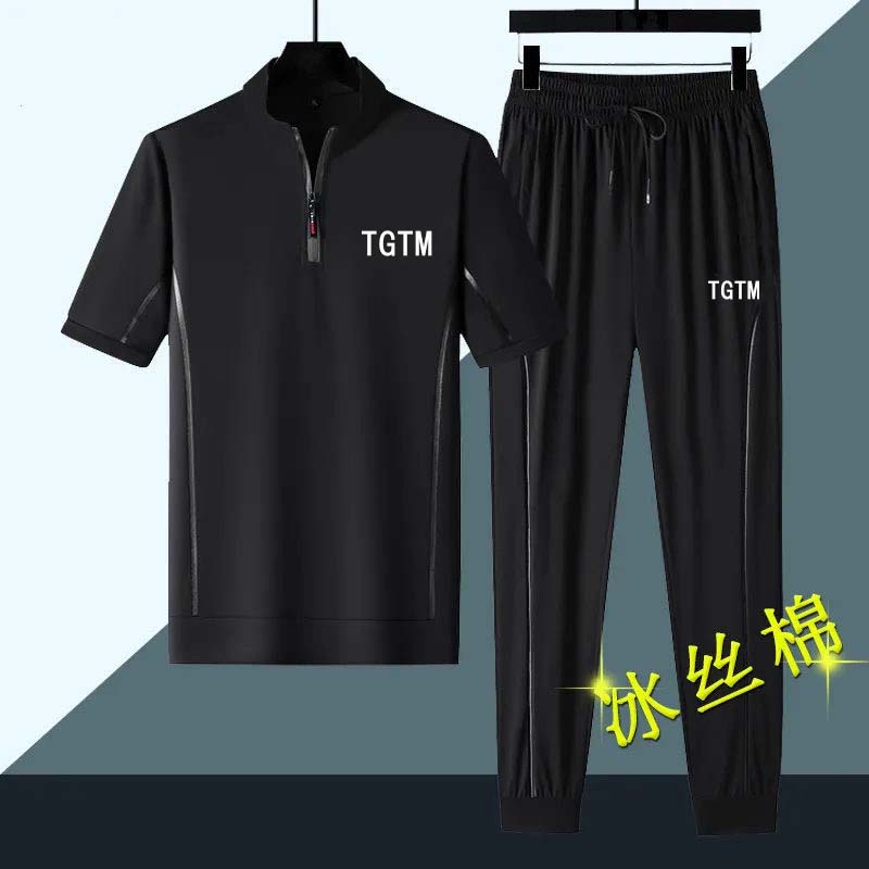 SUMMER ICE SILK BREATHABLE SUIT MENS THIN SHORT SLEEVE T-SHIRT MENS KOREAN TREND PLUS SIZE CASUAL SPORTS TWO-PIECE SET