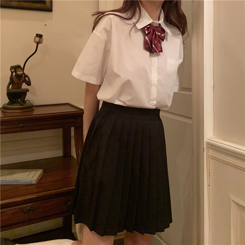 PREPPY JK UNIFORM MIDI PLEATED SKIRT SUIT LONG SKIRT STUDENT CLASS UNIFORM SHORT SLEEVE WHITE SHIRT WOMENS SUMMER
