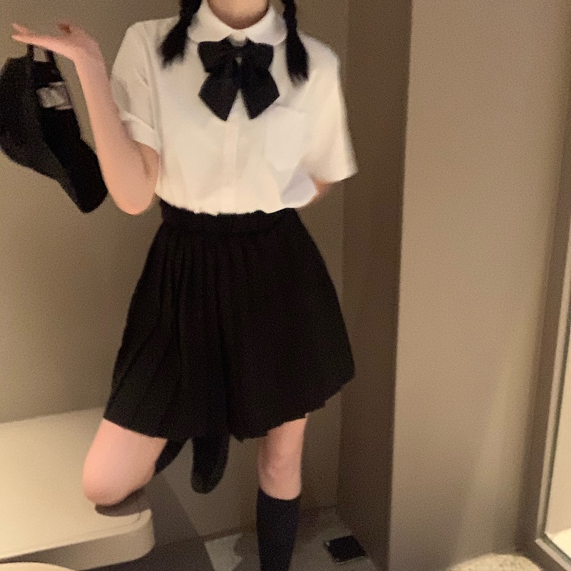 PREPPY JK UNIFORM SUIT FULL PLEATED SKIRT SUIT STUDENT CLASS UNIFORM SHORT SLEEVE WHITE SHIRT WOMENS SUMMER