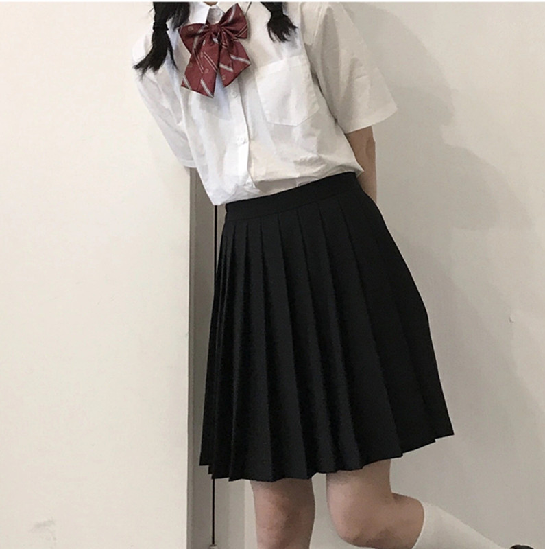 PREPPY JK UNIFORM MIDI PLEATED SKIRT SUIT LONG SKIRT STUDENT CLASS UNIFORM SHORT SLEEVE WHITE SHIRT WOMENS SUMMER
