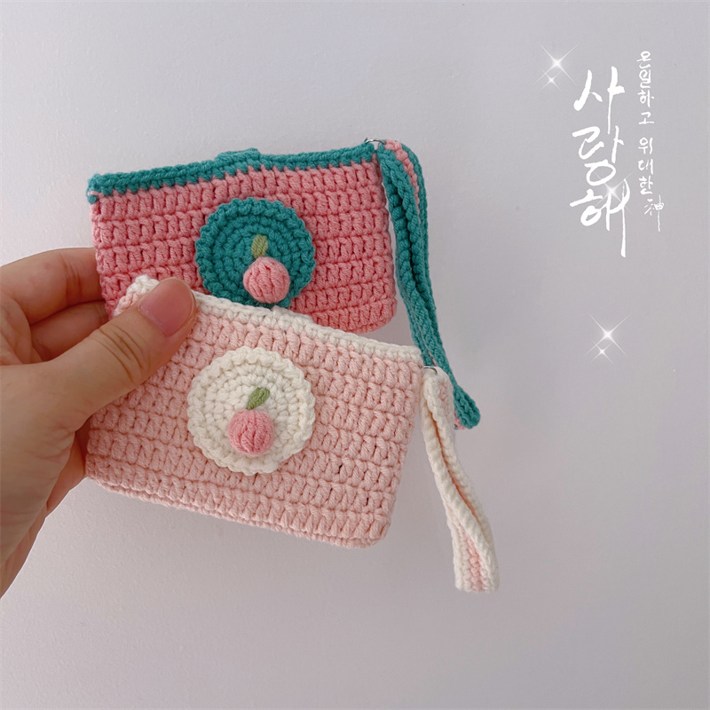 TAO PEACH HANDMADE CROCHET KNITTED CARD BAG PEACH SUMMER GIRL CUTE STORAGE BAG DIY MATERIAL BAG