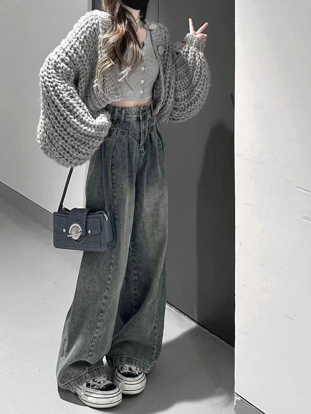 AMERICAN RETRO HIGH STREET LAZY LOOSE WIDE-LEG JEANS WOMENS SPRING AND AUTUMN HIGH-WAISTED STRAIGHT-LEG PANTS A THIN DRAPE AND MOP PANTS