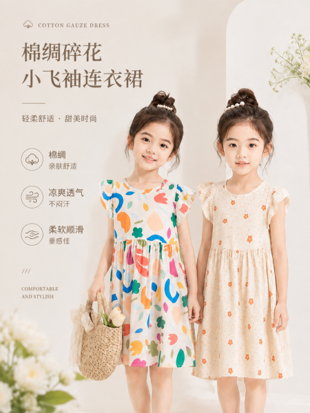 女童棉绸连衣裙夏季儿童绵绸裙子小飞袖家居睡裙碎花中大童公主裙 — 2