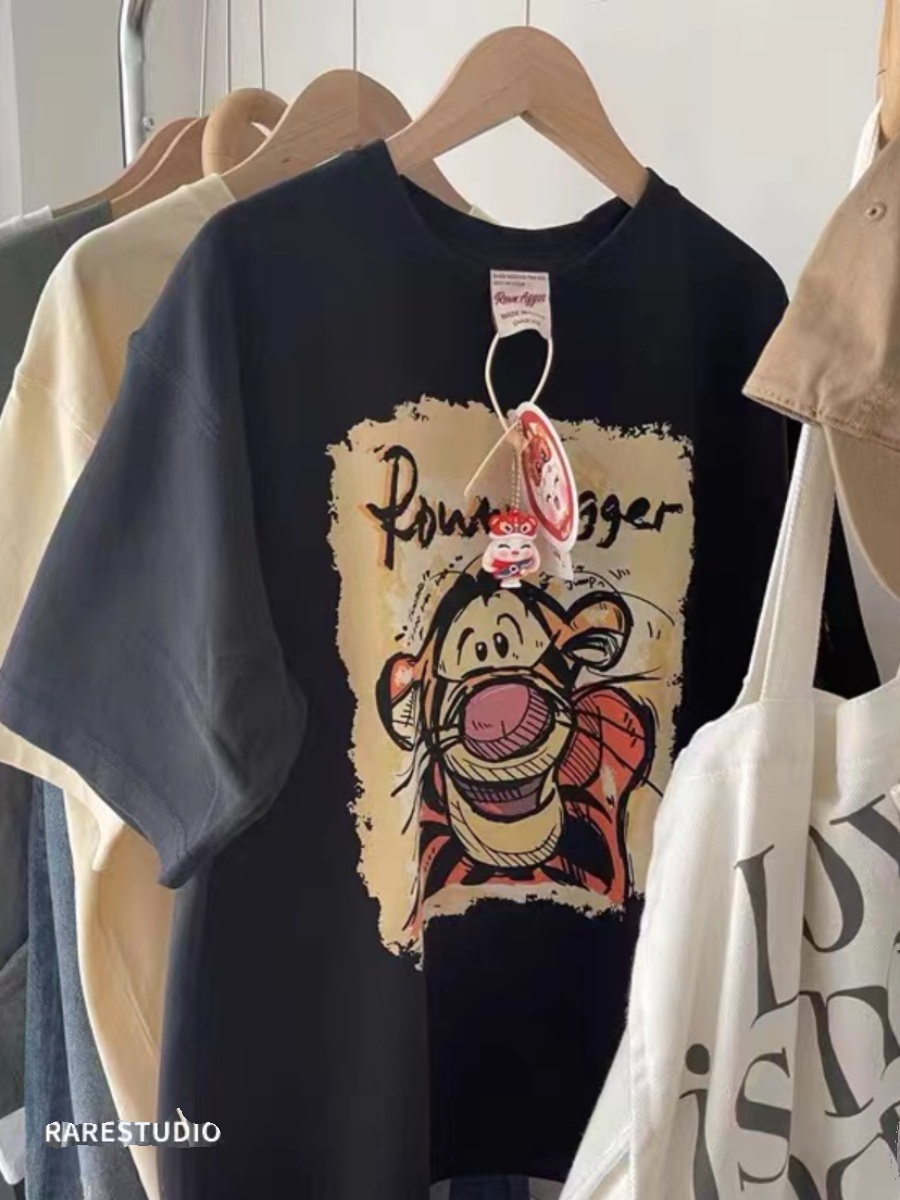 FOREIGN TRADE CUT LABEL CLEARANCE TAIL GOODS CARTOON TIGER PRINT AGE REDUCTION FOREIGN ATMOSPHERE LOOSE ROUND NECK COTTON SHORT SLEEVE T-SHIRT WOMENS INS