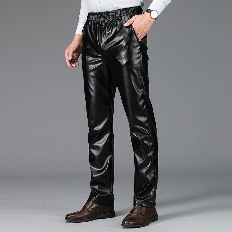 LEATHER PANTS MENS VELVET ELASTIC WAIST MIDDLE-AGED AND ELDERLY CASUAL TROUSERS WINDPROOF WATERPROOF AND WARM AUTUMN AND WINTER PANTS WORK LABOR PROTECTION PANTS
