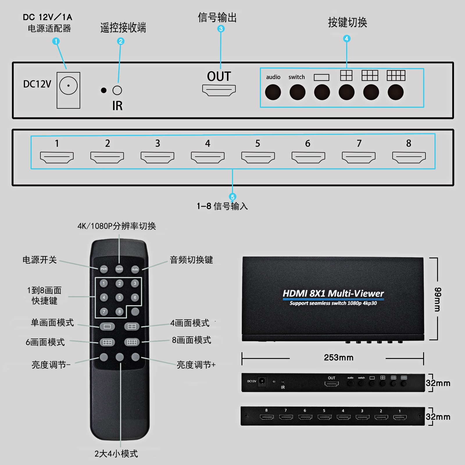 NIU QIANG 8포트 6포트 6화면 분할 화면 분할기 월드 오브 워크래프트 위에 8-IN-1-OUT 게임 스튜디오 분할 화면