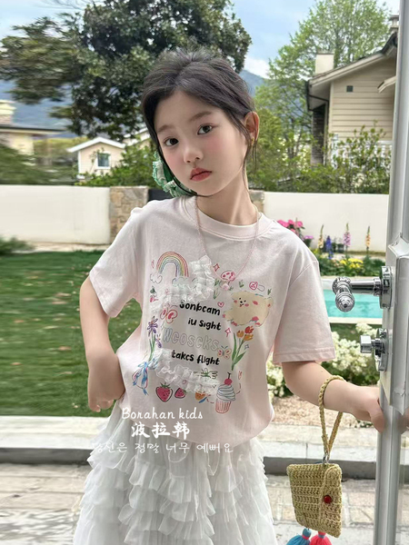 波拉韩女童甜美T恤女孩夏装蕾丝短袖2026新款女大童纯棉半袖衣服