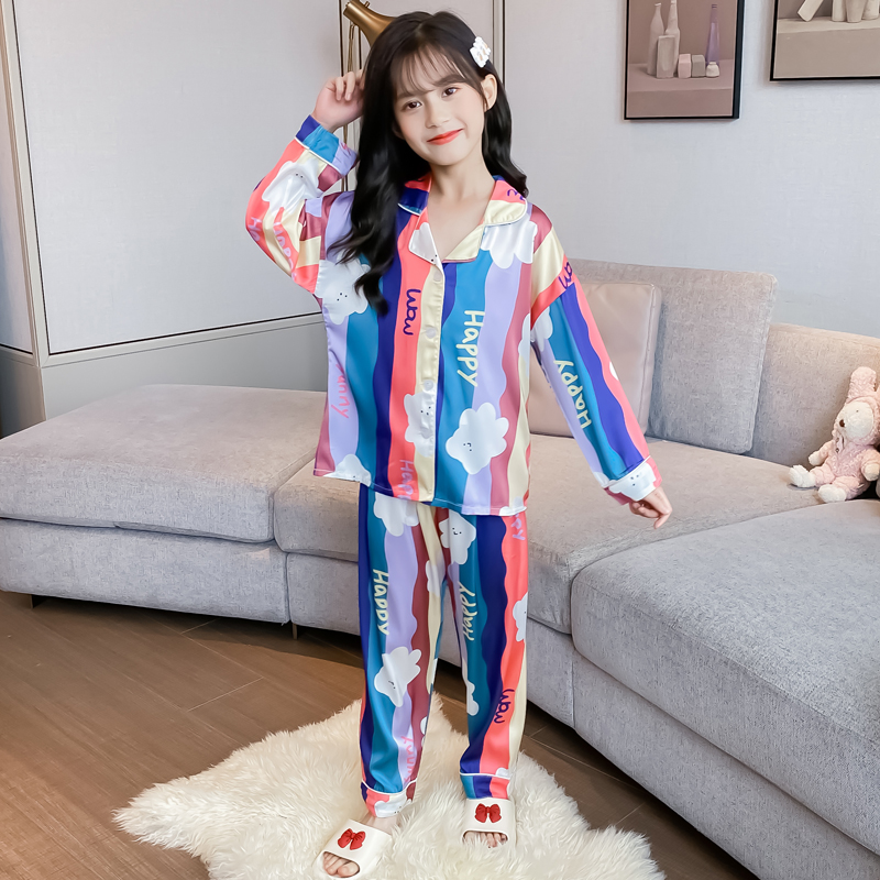 CHILDRENS PAJAMAS SUMMER CLOTHES THIN LITTLE GIRLS LONG-SLEEVED AIR-CONDITIONED CLOTHES MIDDLE AND LARGE CHILDRENS SUITS SPRING AND AUTUMN GIRLS ICE SILK HOME CLOTHES