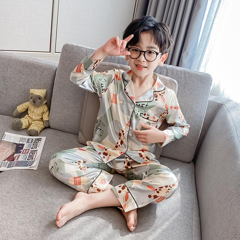 CHILDRENS PAJAMAS BOYS SPRING AND AUTUMN ICE SILK AIR-CONDITIONED CLOTHES MEDIUM AND LARGE CHILDRENS LONG SLEEVES SUMMER THIN BOYS LOUNGEWEAR SETS