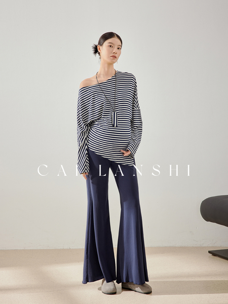 彩蓝诗孕妇装2026春秋季显瘦微喇裤孕妇条纹长袖T恤秋款套装