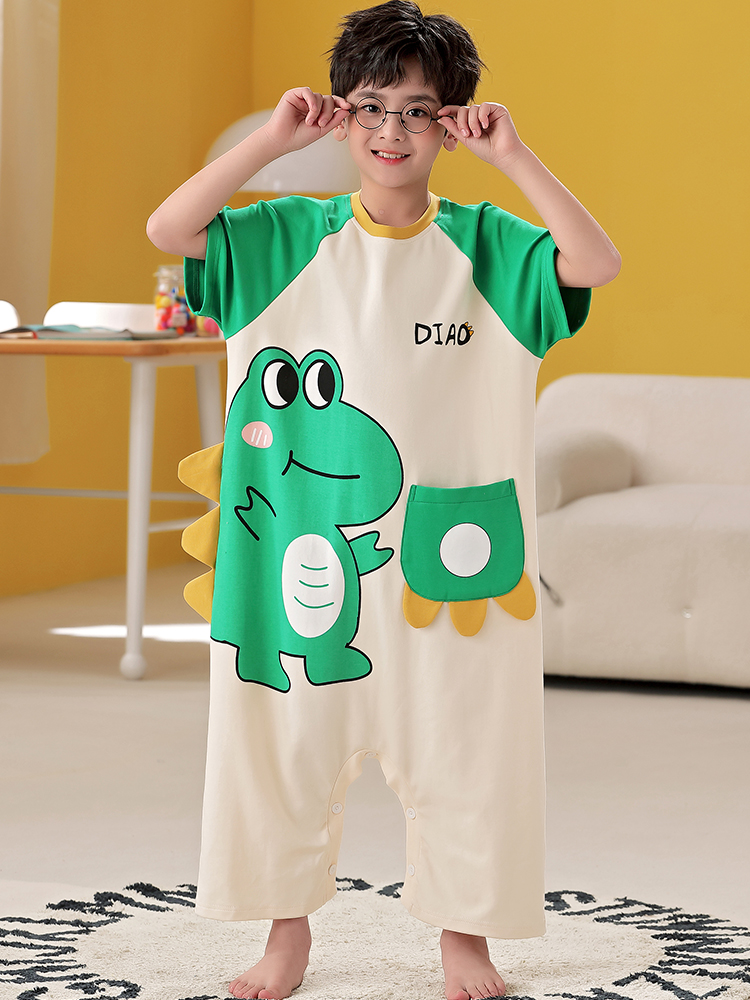 CHILDRENS PAJAMAS BOYS SUMMER COTTON KICK-PROOF QUILTS ONESIES SHORT SLEEVES LONG PANTS AIR-CONDITIONED CLOTHES BOYS BABY LOUNGEWEAR