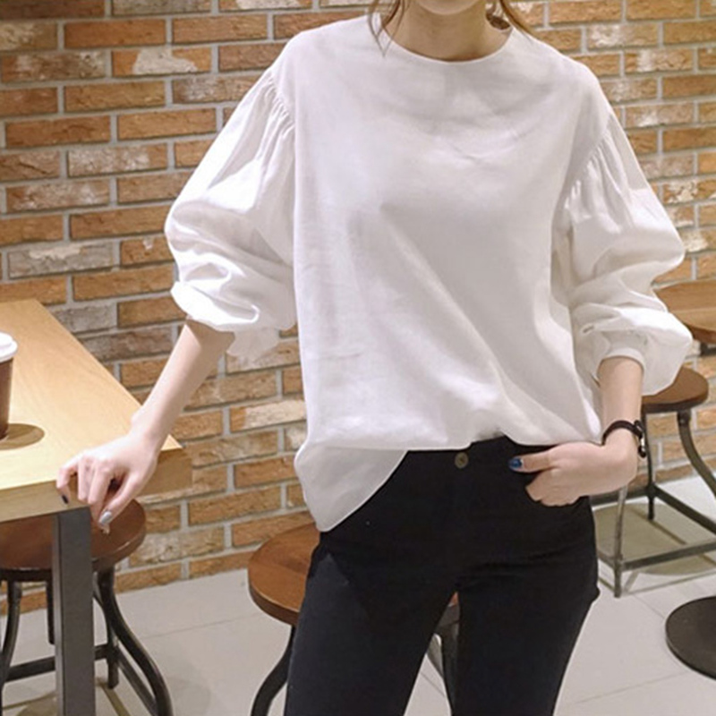 WHITE BALLOON SLEEVE SHIRT WOMENS AUTUMN KOREAN PUFF SLEEVE RETRO LOOSE LARGE SIZE VERSATILE LONG SLEEVE BASE TOP TIDE