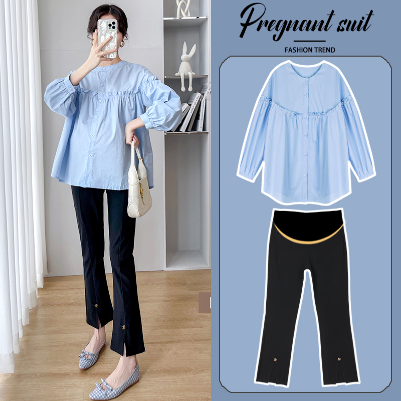 PREGNANT WOMEN SPRING SUITS LONG-SLEEVED SHIRTS FASHIONABLE TEMPERAMENT SPRING TOPS LOOSE BELLY COVERING CASUAL SPRING AND AUTUMN TWO-PIECE SETS