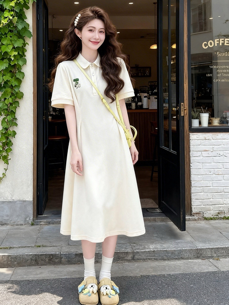 孕妇连衣裙夏季2026新款杏色薄款短袖polo领宽松遮肚A字裙中长款 — 2