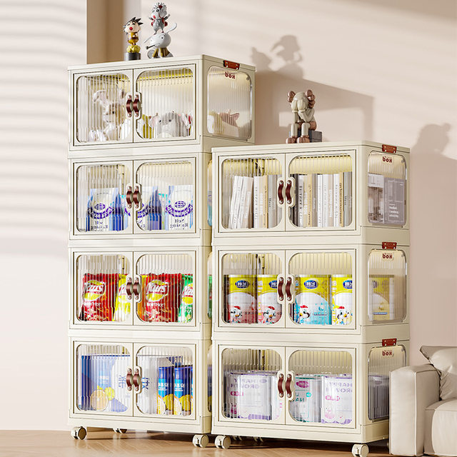 Double door storage cabinet foldable living room toy finishing wardrobe multi-layer three-sided transparent mobile plastic cabinet