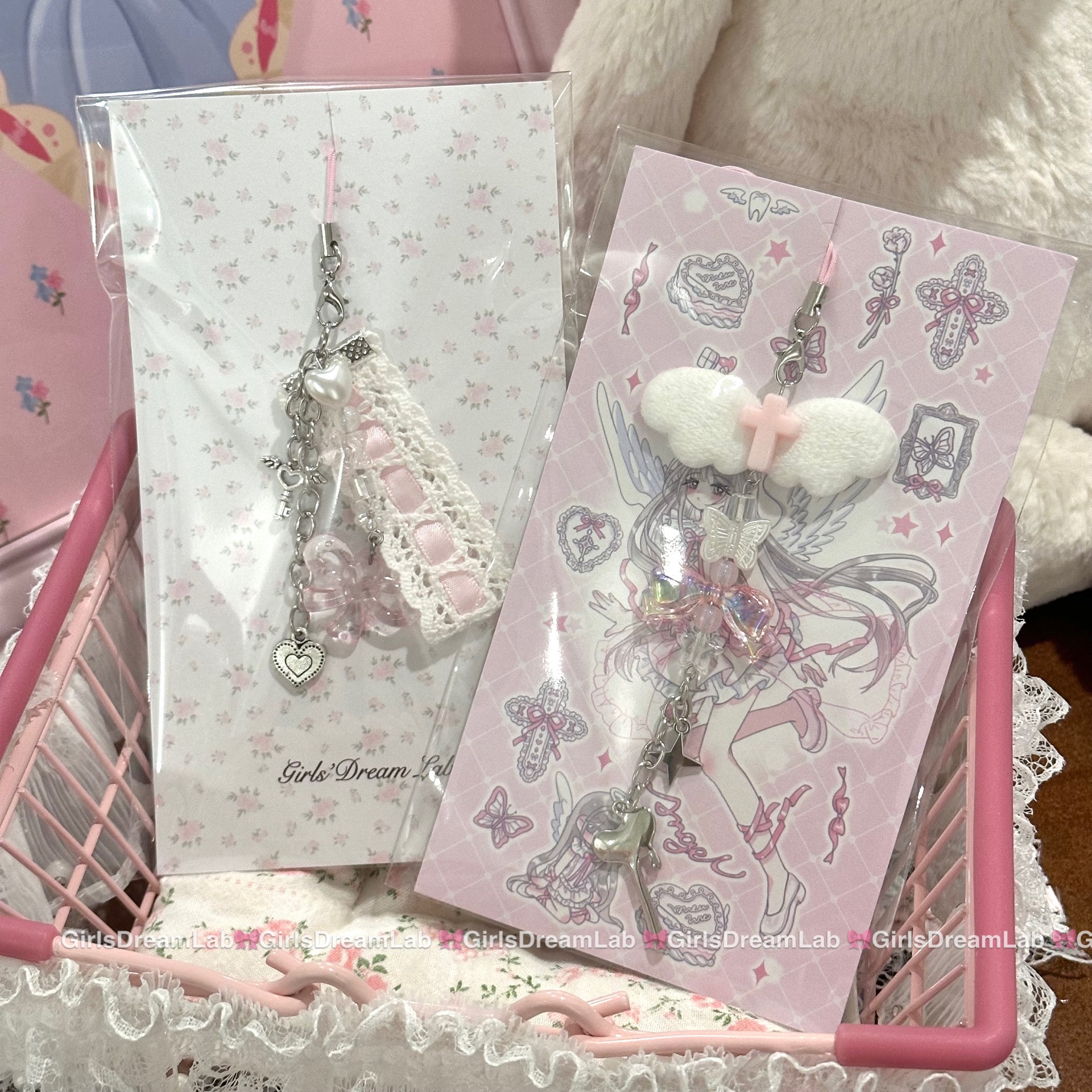 ORIGINAL HOMEMADE PINK WINGS LACE GIRL HEART SUBCULTURE MOBILE PHONE PENDANT BAG HANGING KEYCHAIN GOOBEN PENDANT