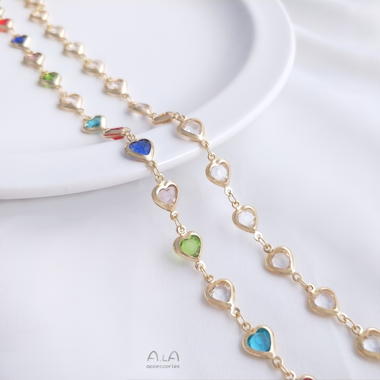14K 골드 채워진 색상 보존 지르콘 복숭아 하트 모양의 수제 체인 다채로운 지르코늄 러브 체인 DIY 팔찌 목걸이 쥬얼리 루스 체인
