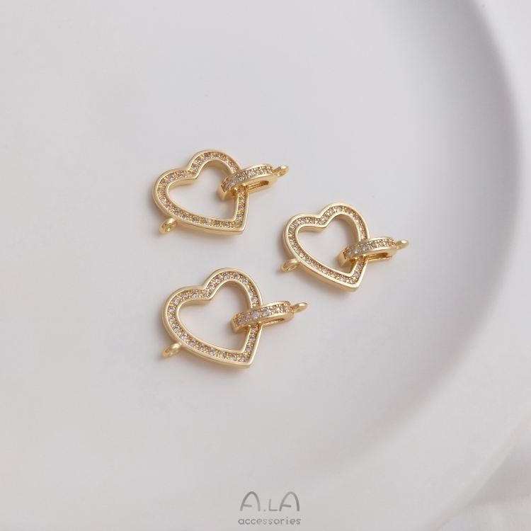 복숭아 하트 모양의 보석 버클 14K 금으로 채워진 색상 보존 마이크로 상감 지르콘 하트 모양의 진주 버클 더블 펜던트 DIY 연결 버클