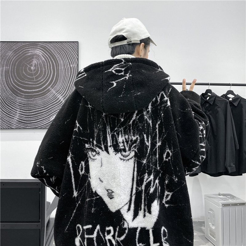RIMAN TWO-DIMENSIONAL LAMB WOOL COAT MENS DARK BLACK FRIED STREET HIGH-QUALITY COTTON CLOTHES WINTER THICKENING COUPLES WEAR COTTON CLOTHES