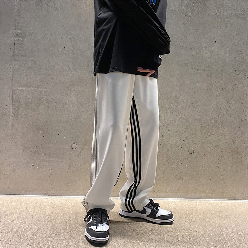 BLACK AMERICAN RUNWAY LINE SWEATPANTS MENS RETRO JAPANESE LAZY HIGH STREET PANTS BF NICHE DESIGN SENSE WIDE-LEG PANTS