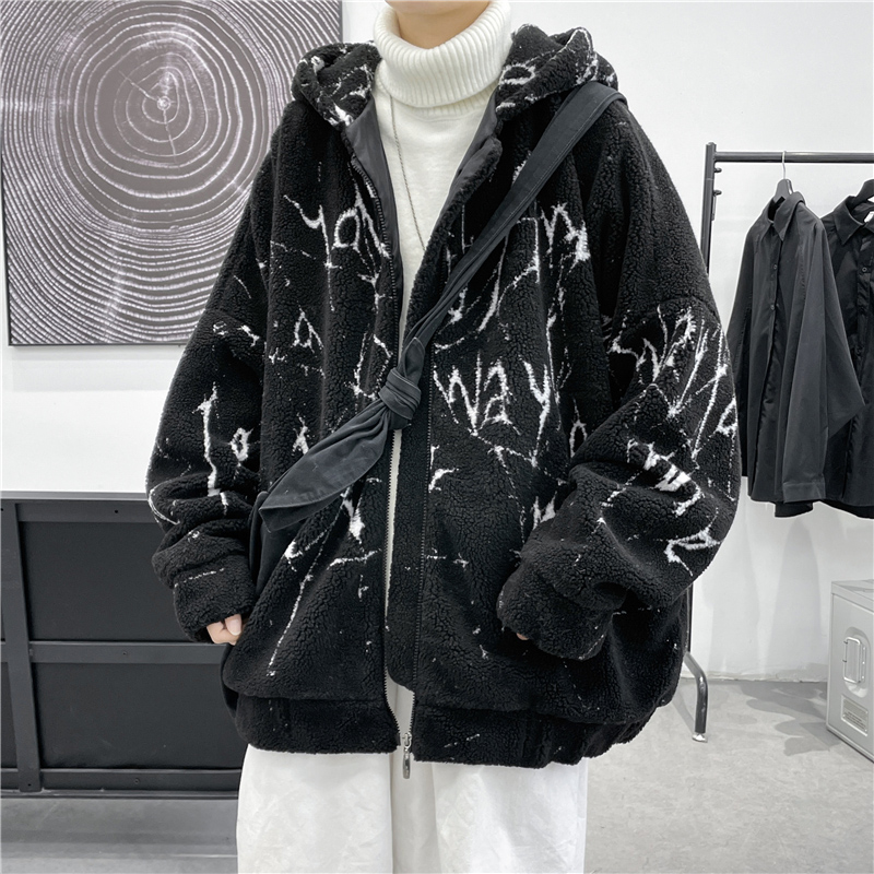 RIMAN TWO-DIMENSIONAL LAMB WOOL COAT MENS DARK BLACK FRIED STREET HIGH-QUALITY COTTON CLOTHES WINTER THICKENING COUPLES WEAR COTTON CLOTHES