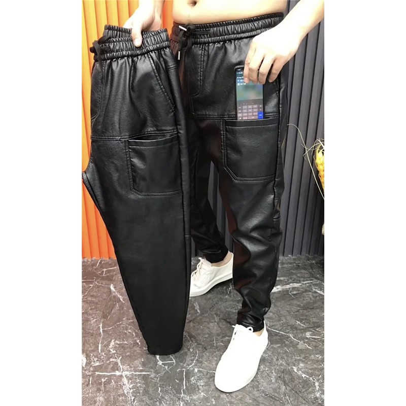 AUTUMN AND WINTER NEW WARM SIX-POCKET LEATHER PANTS MENS LOOSE AND VERSATILE LEGGINGS TRENDY WINDPROOF AND WATERPROOF SMALL FEET SLACKS