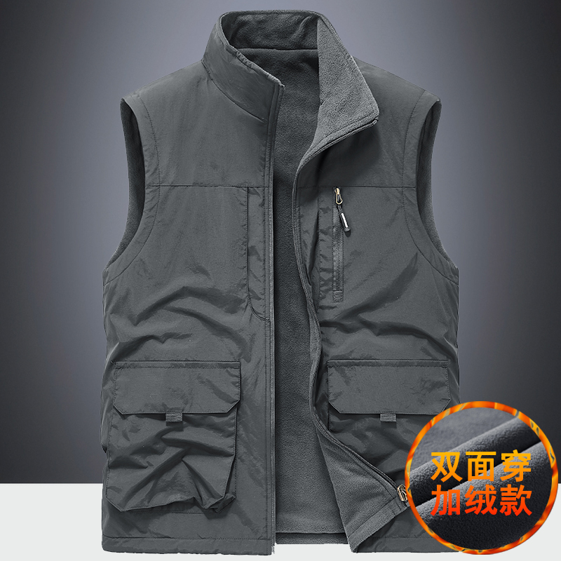 2023 WINTER NEW VELVET THICKENED FLEECE LAPEL OVERALLS VEST COLD AND WARM MULTI-POCKET VEST MENS TIDE