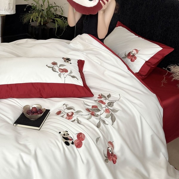 卡通丨可爱熊猫100支长绒棉四件套全棉刺绣被套四季纯棉裸睡床品4