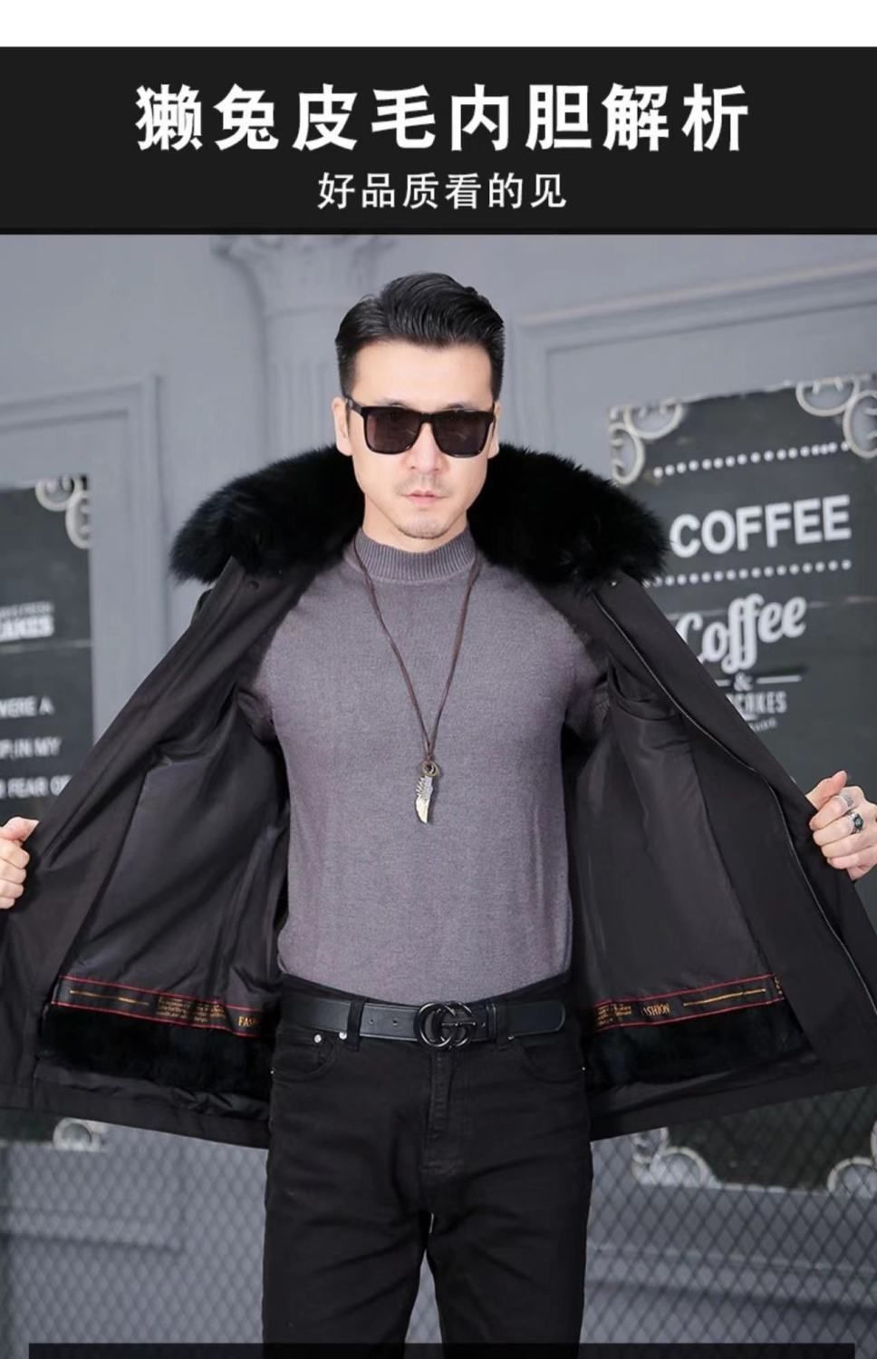 중노년층 여우 사각깃 탈부착형 토끼털 파이로 겨울 두꺼워진 따뜻한 털코트[프리퍼소매]