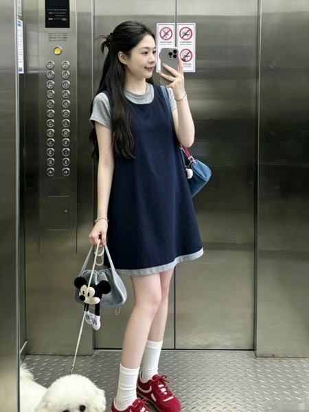 孕妇连衣裙夏季2026新款孕妈短裙夏季韩版假两件短袖A字裙子夏天