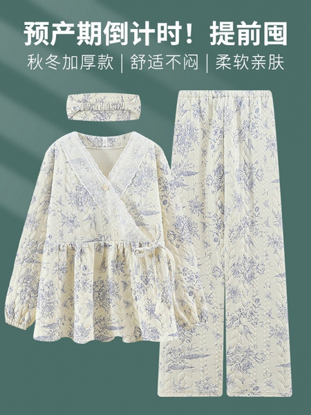 全棉纯棉秋冬季7A抗菌月子服A类纯棉空气棉带可拆卸胸垫孕期孕妇