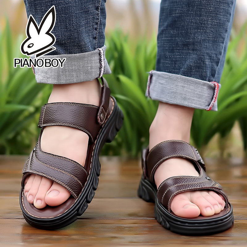MENS SANDALS NEW SUMMER LEATHER LATEX SOFT SOLE DAD CASUAL SANDALS WEAR TWO NON-SLIP BEACH SHOES