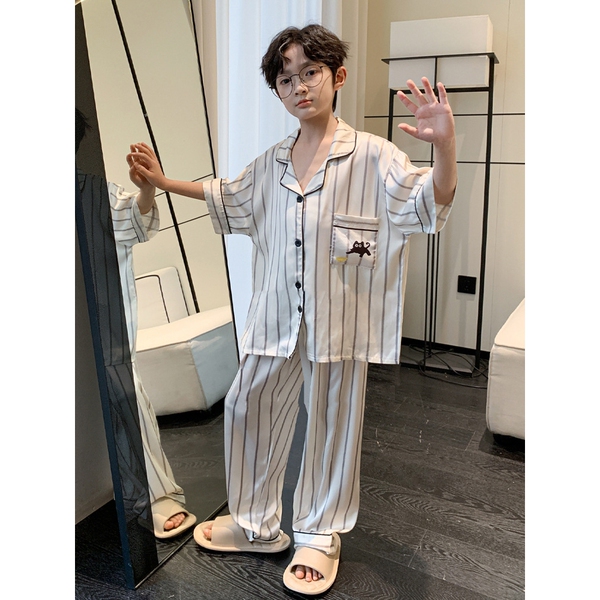 全棉纯棉冰丝睡衣男孩夏季短袖三件套中大童空调服2026新款家居服 — 5