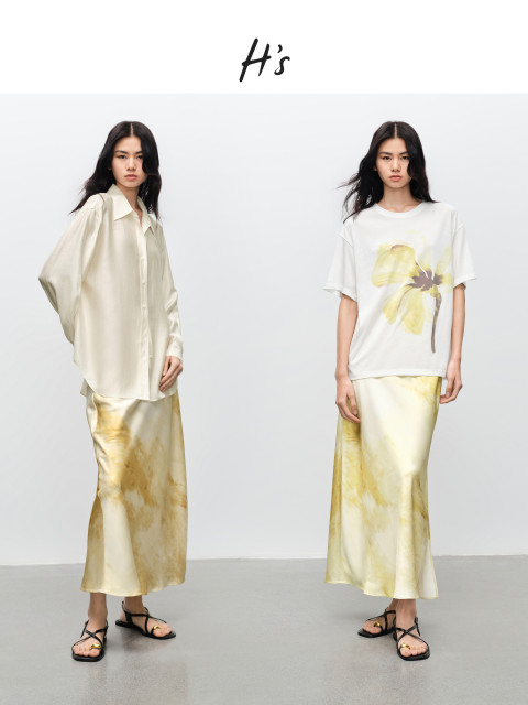 HS Outlet Ink Dyeing Satin Printed Skirt in Summer New Product Light-Producted Style Slim Slit Skirt
