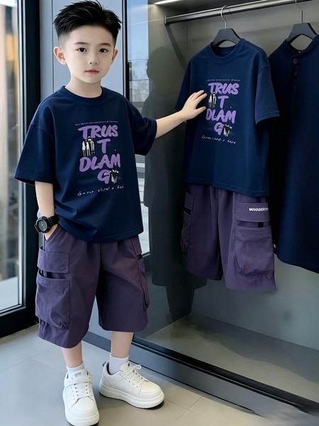 男童时尚短袖套装百搭休闲夏季新款2026中大童潮流炸街痞帅洋气