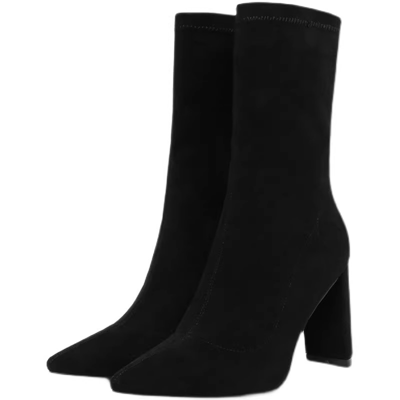 TEMPERAMENT VERSATILE STRETCH BOOTS POINTED TOE BOOTIES WOMENS SOCK BOOTS FALL|WINTER 2024 NEW BLOCK HEEL SKINNY BOOTS MID BOOTS