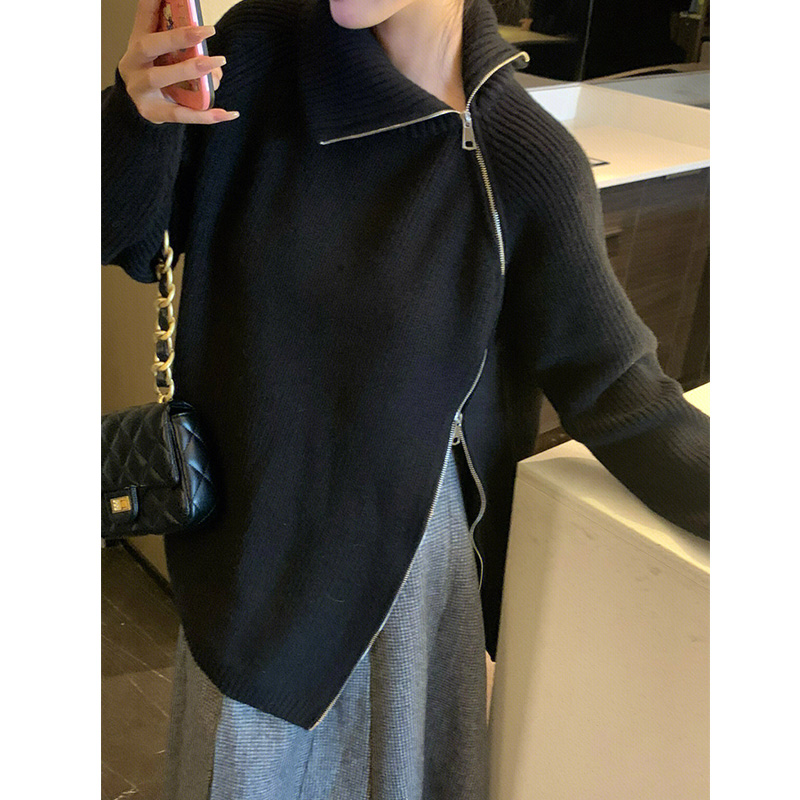 BLACK THICKENED HIGH NECK ZIPPER SHOULDER SWEATER WOMENS 2022 LOOSE AND THIN SEXY SENIOR IRREGULAR TOP