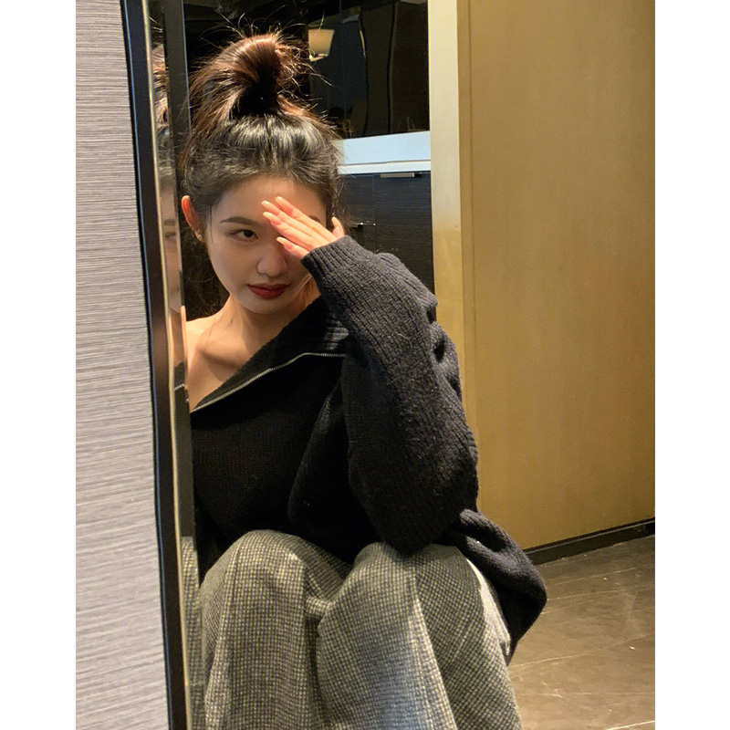 BLACK THICKENED HIGH NECK ZIPPER SHOULDER SWEATER WOMENS 2022 LOOSE AND THIN SEXY SENIOR IRREGULAR TOP