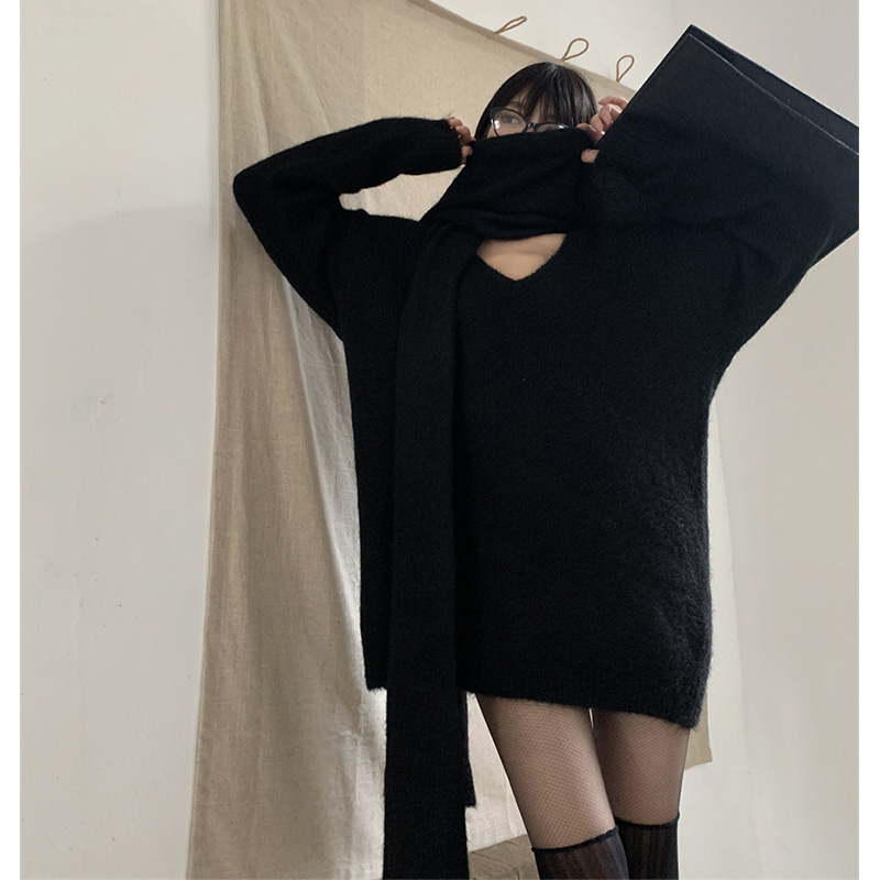 BLACK V-NECK LAZY STYLE LOOSE DESIGN SENSE SCARF MID-LENGTH KNITWEAR SWEATER SWEATER WOMAN 2022 NEW STYLE THIN LOOK