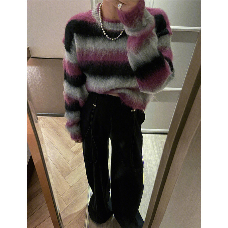 KOREAN VERSION OF LAZY STYLE CONTRASTING STRIPED SHORT CREWNECK SWEATER WOMENS AUTUMN 2022 NEW SOFT AND LOOSE DESIGN
