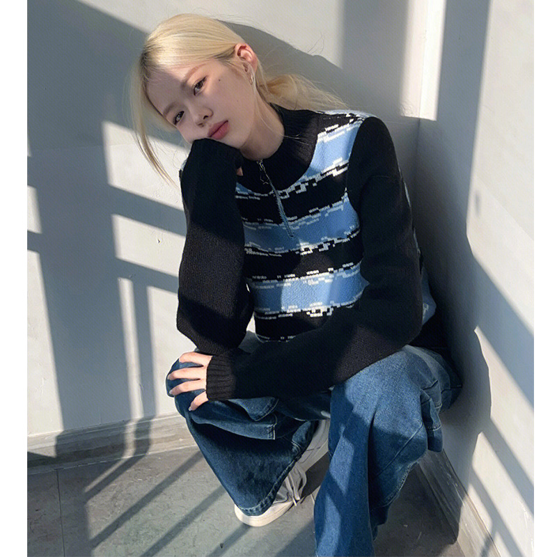 AUTUMN AND WINTER NEW CONTRASTING STRIPE HALF ZIPPER JACQUARD KNITTED SWEATER WOMENS 2022 LOOSE RETRO LUXURY NATIONAL TREND