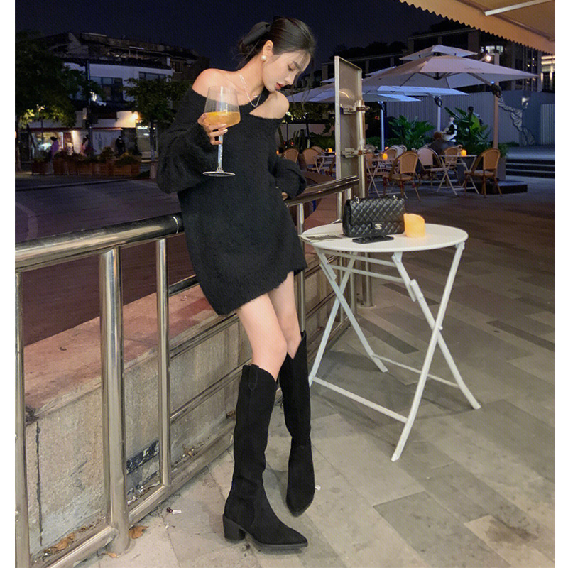 AUTUMN AND WINTER NEW MOHAIR RIPPED OFF-THE-SHOULDER CREWNECK KNIT BLACK SWEATER WOMENS 2022 LOOSE LAZY NICHE
