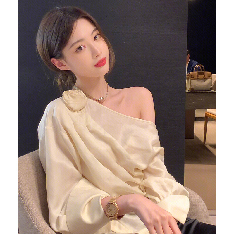 DESIGN SENSE IRREGULAR STRAPLESS ROSE FLOWER THREE-DIMENSIONAL SHIRT TOP WOMENS 2022 NEW TEMPERAMENT GENTLE AND FASHIONABLE