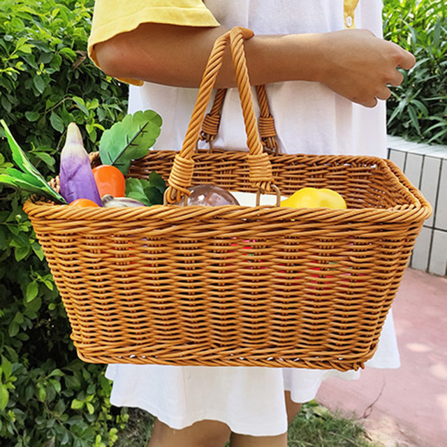 Picnic basket rattan supermarket shopping basket outdoor shopping basket imitation rattan storage basket pastoral picking basket