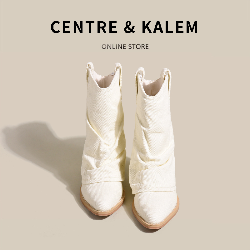 CENTRE&KALEM FALL 2024 KOREAN DENIM FASHION BOOTS SLIM POINTED TOE BLOCK HEELED BOOTS WOMENS BOOTS